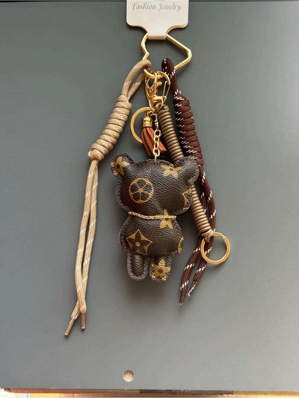 Brown Floral Bear Bag Charm Keychain Gold Accent Coordinating Cord NWT